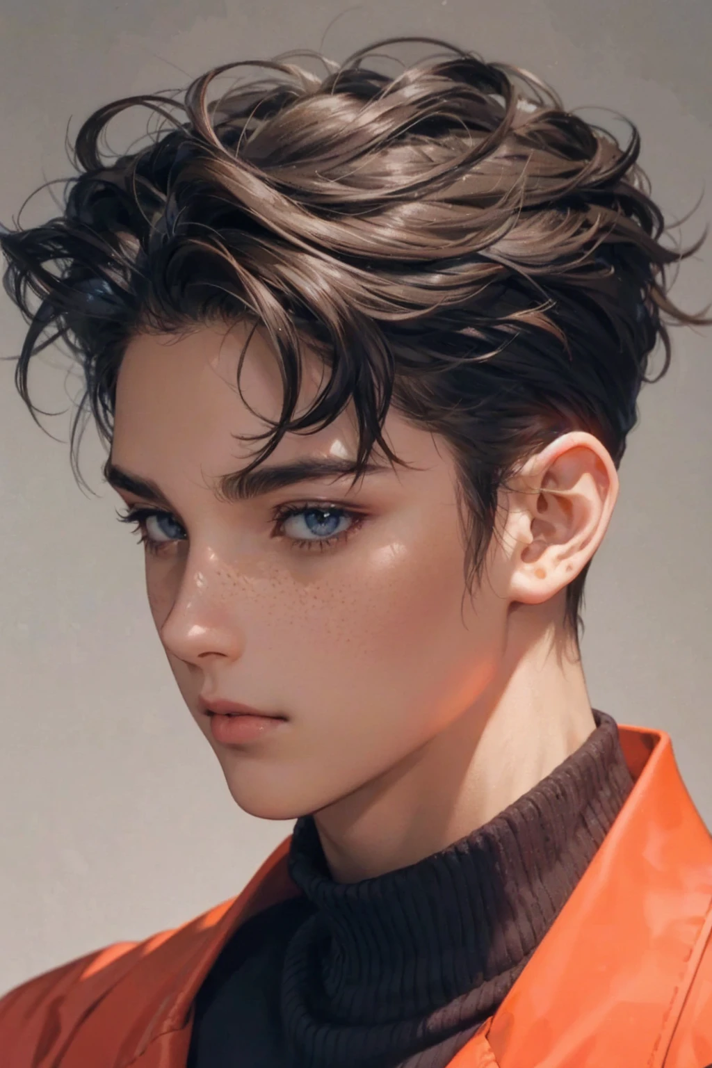 Light brown skin, moon kissed, blue turtle neck, messy hair, brown eyes, no freachles, clear face, stone expression