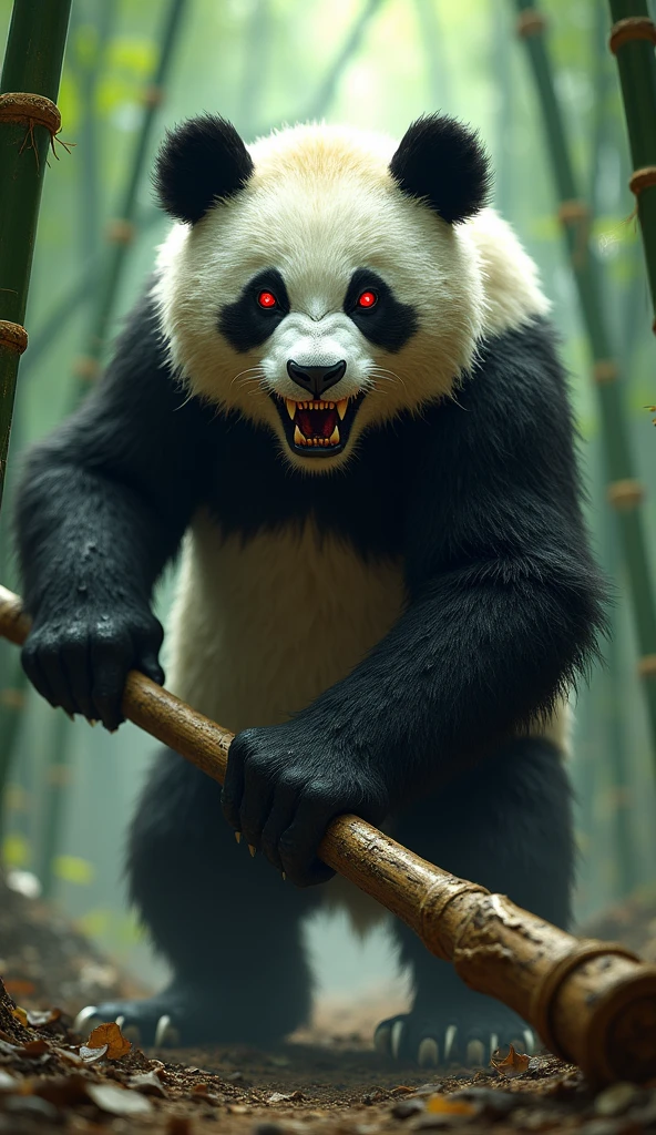 A demon-like panda hand holding a bamboo stick