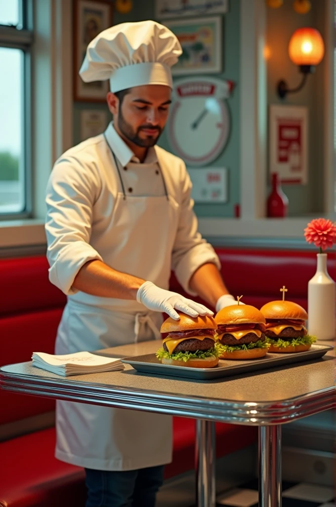 Preparing burgers at the diner table