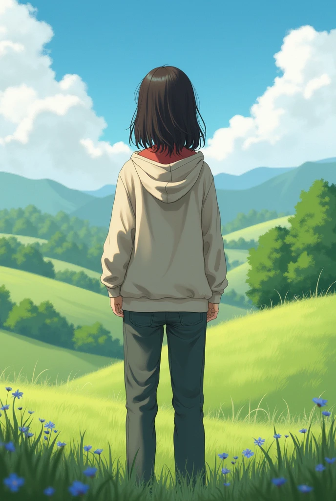 a simple girl dresed with pullover jacket and straight cut pants looking at country side (only back not whole body)