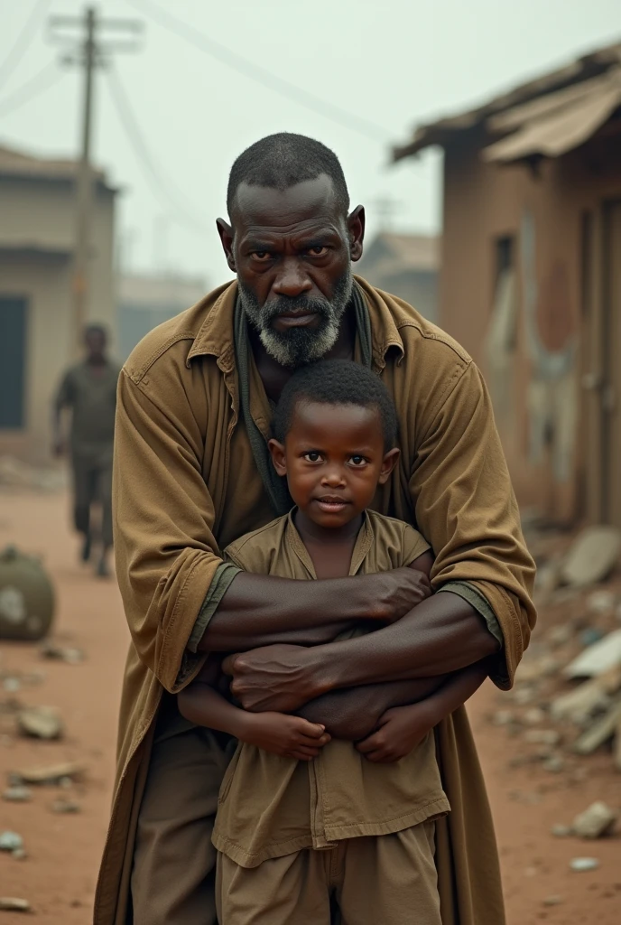 a african man in tears wearing torn clothes holding his son who is dying