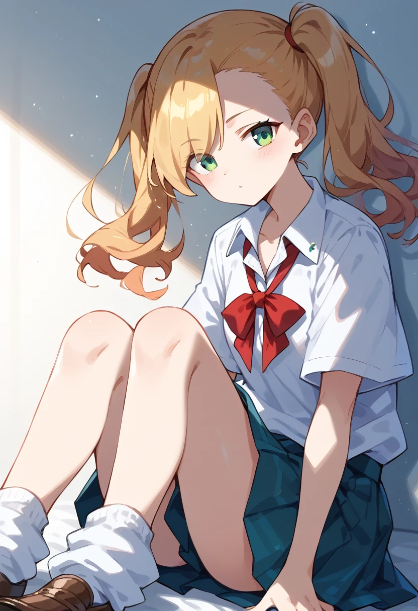 masterpiece, (score_9,score_8_up,score_7_up,score_6_up), 1 girl, green eyes, little sassy, bitch / cockslut / whore, skinny, tsurime, asymmetrical bangs, twintails, (blond hair:1.3), (school uniform), (white collared shirt, plain pattern shirt, short sleeves, shirt tucked in:1), (red plain pattern narrow neck ribbon:1.2), brown loafers, white loose socks ,