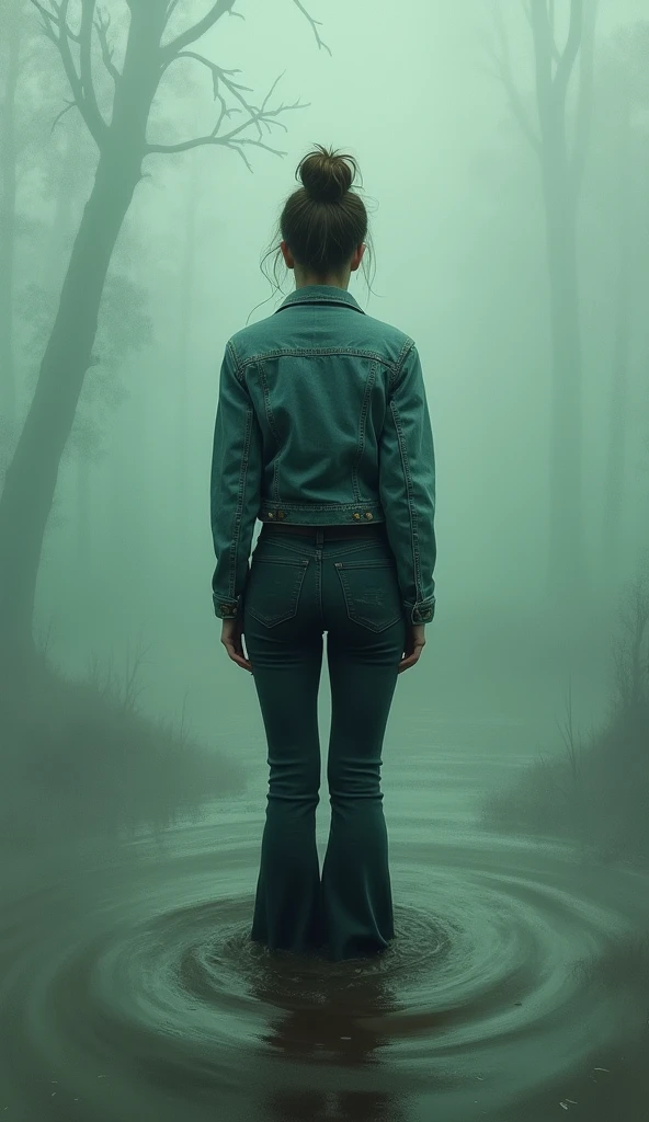 abstract woman, in tight denim jacket, cold weather, flared dark washed faded tight jeans, stuck in bog, loose bun, turns, red, green, blue, fog