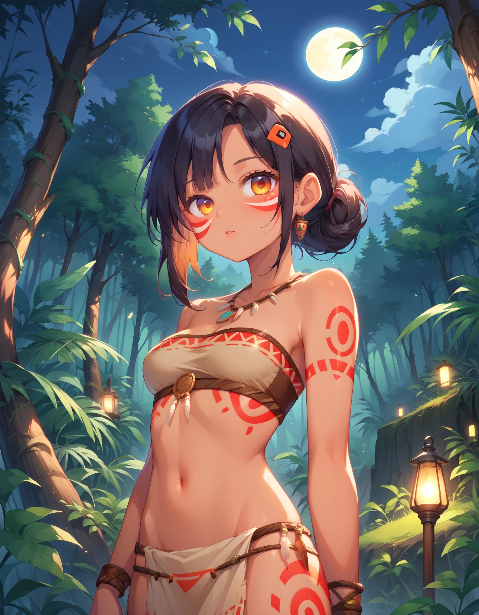 score_9, score_8_up, score_7_up, source_anime, rating_safe, mwk,, 1girl, glowing tattoo, tribal tattoo, loincloth, outdoors, night, rainforest, blacklight, upper body, facepaint, 