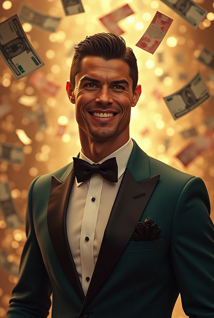 Christiano Ronaldo in rich suit smiling and lots of money in back ground In a bright light