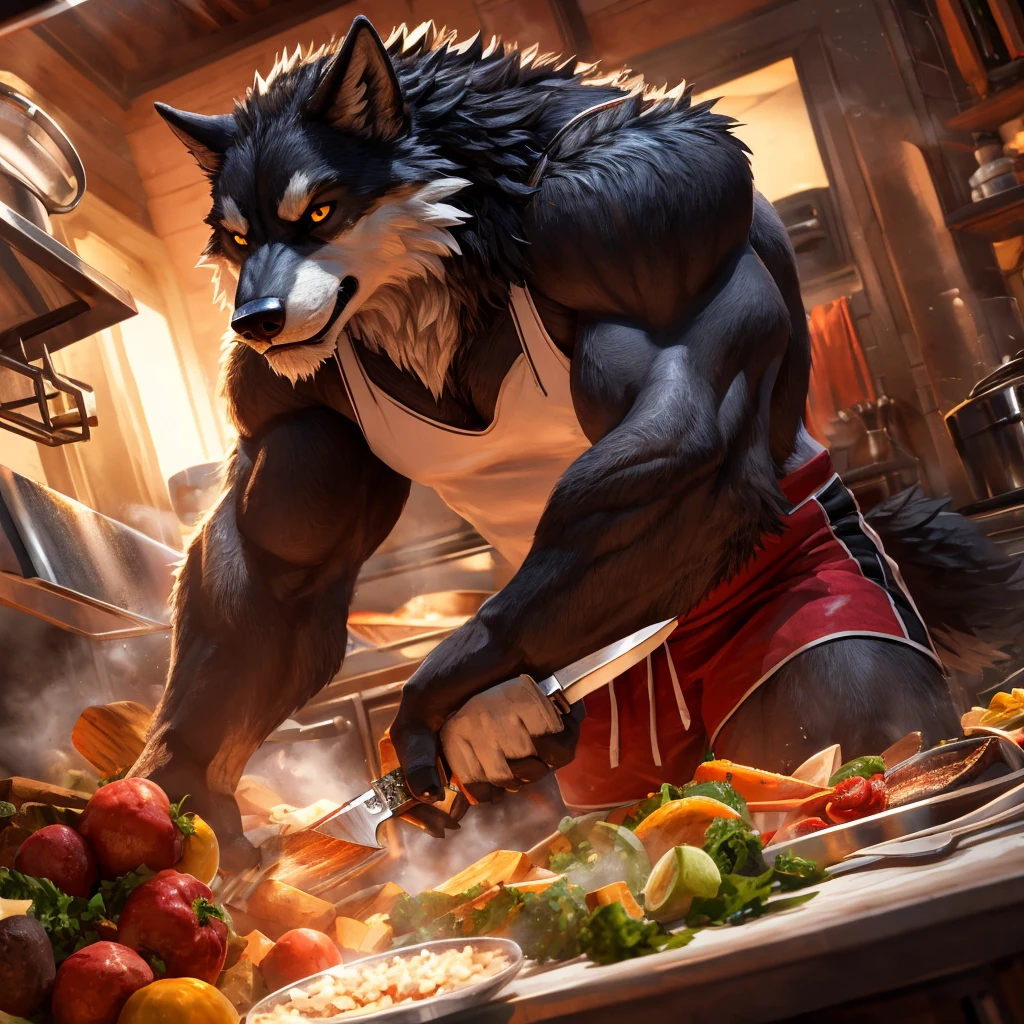 a muscular, serious-looking chef in a kitchen, wearing a chef's uniform, chopping vegetables with intense focus, (best quality,4K,8k,highres,masterpiece:1.2),ultra-detailed,(realistic,photorealistic,photo-realistic:1.37),professional chef, detailed chef's uniform, intricate knife work, steam rising from hot cookware, stainless steel kitchen appliances, warm lighting, rich colors, cinematic angles The wolf is cooking