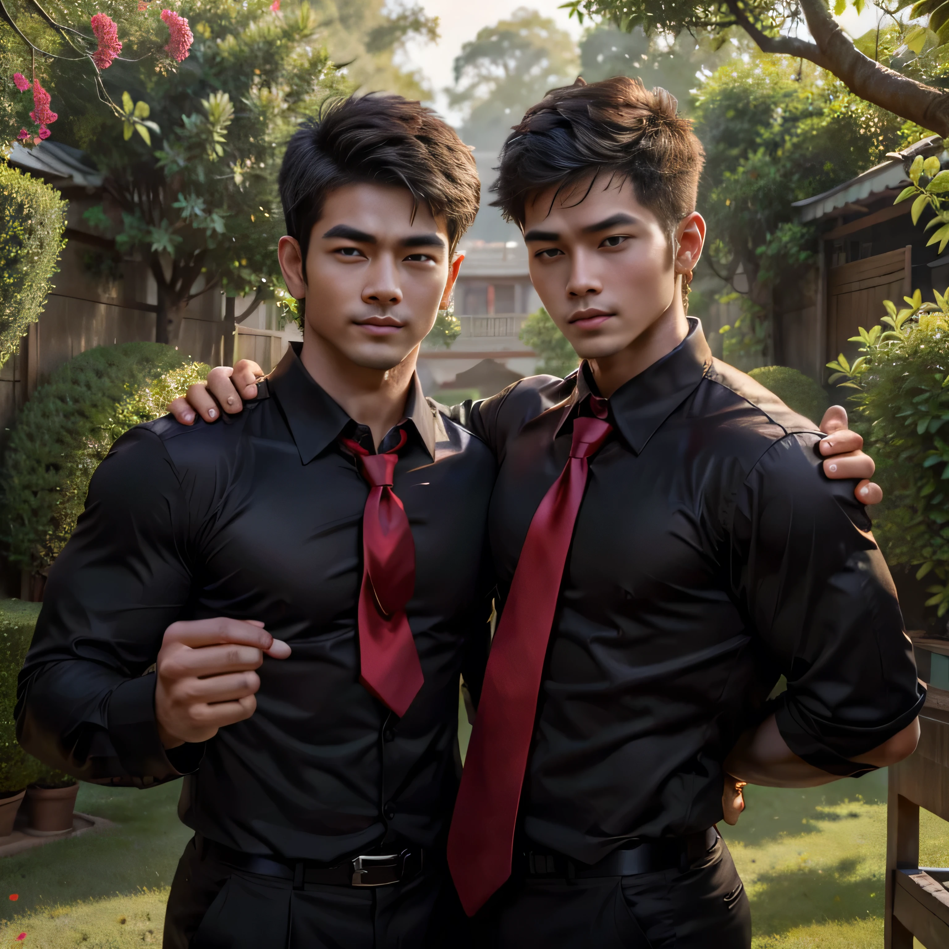 29-year-old,One Man,、Handsome。Black Shirt、Red tie、、Dhaka - Fighters、garden。The shade on the lawn、logic,Gay ,Very short hair、 ,Asian Face,、 Handsome Wink Upper Body