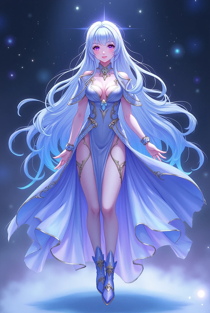 Create an image of a female celestial princess or guardian in an anime style. She wears a flowing, sleeveless gown with a gradient from deep blue to silver. The gown has a high slit and is complemented by long, flowing pants or a matching skirt. The outerwear is a shimmering cape with a star pattern embroidered. Her accessories include a star-shaped pendant, crescent moon choker, and moonstone jewelry. The footwear consists of sleek, pointed boots with celestial designs. Her hair is long with highlights in blue, purple, and silver. The makeup is ethereal with shimmering eyeshadows and glitter. Include a star-shaped hair clip or crescent moon headband.