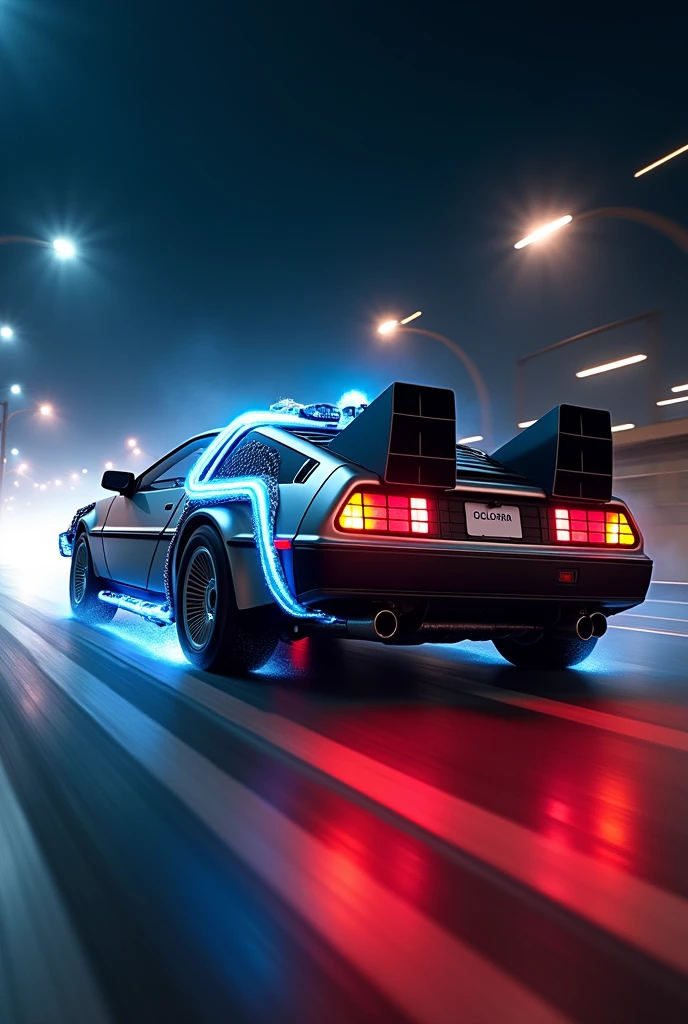 realistic Delorean\(back to the future\(movie\),((glowing blue)), (blue electric glow)\), at night, (beautiful red fire from the wheel track behind Delorean), ((shallow depth-of-field)), (bokeh), (lens flare), sharp focus,,((dynamic angle)),award winning photo, beautiful photo, very exciting racing photo,beautiful background