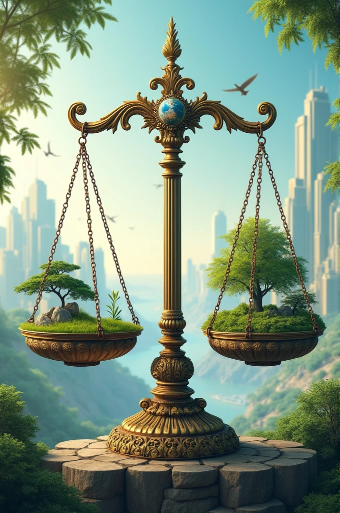 Image: A balanced image symbolizing the dual nature of globalization, like a balanced scale with economic growth on one side and environmental sustainability on the other.