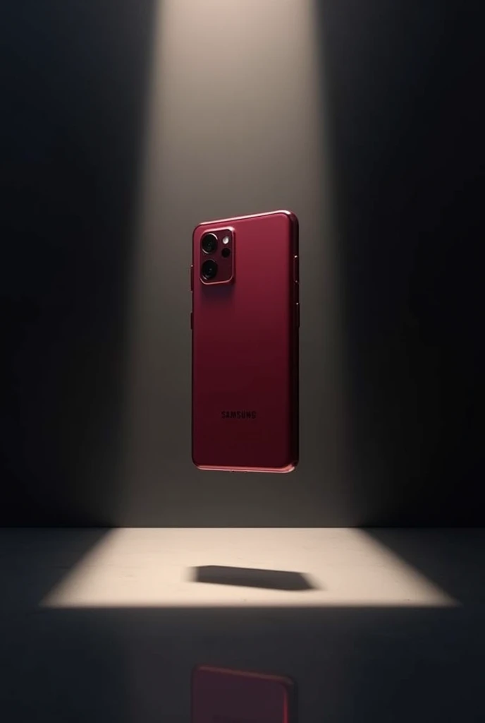 Samsung s24  maroon color phone with back side 3 dot camera only hang in air in simple black hall with some sun shine 3d model 
