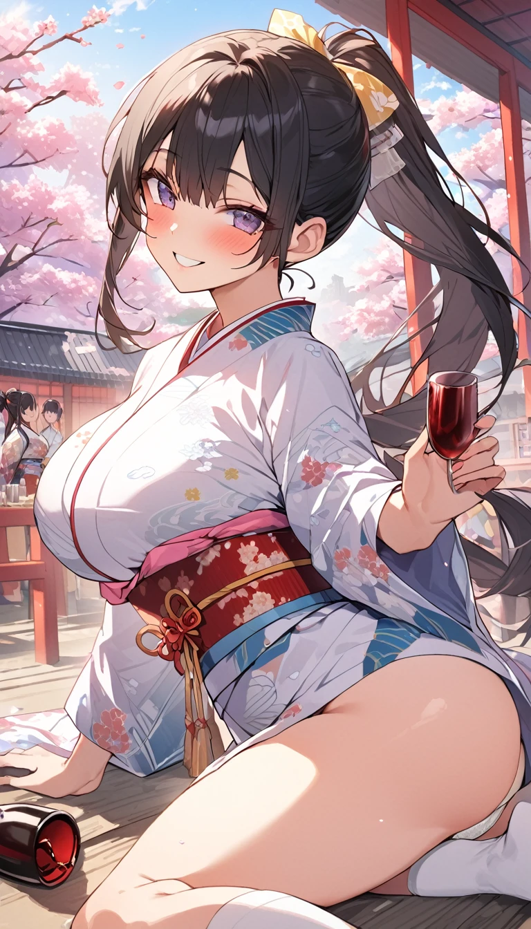 One Woman、beautiful girl、evening、kimono、Beautiful patterned kimono、ponytail、Waraji、School、Back of the school building、spring、cherry blossoms々、はためくcherry blossomsの花びら、Long Hair、Highest quality、Ultra HD、Black Hair、smile、8 heads、White tabi socks、Japanese Umbrella、smile、Cowboy Shot、festival、Many food stalls、Beautiful views、Big Breasts、kimonoがはだけて下着が見える、white lace bra、white lace panties、Lie on your back with your legs spread、Have a、Tipsy、Wine Bottle