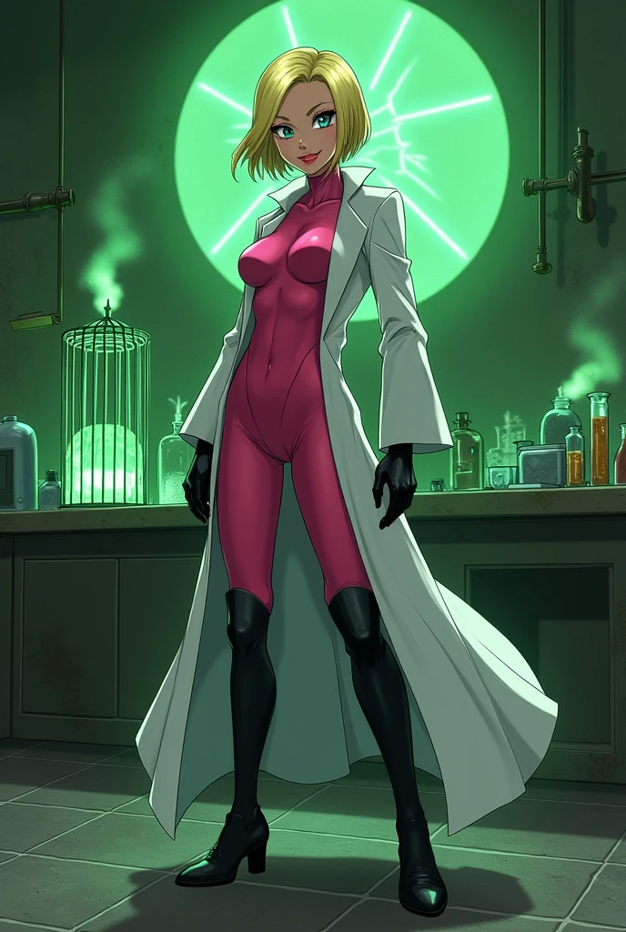 Anime style, Sultry and Beautiful young woman with a soul of pure evil and hatred. Short blonde hair that covers her left eye and blue eyed supervillain dressed in a sleek skintight pink bodysuit, long black gloves and black calf high boots. A long white lab coat over her bodysuit competes the look.  She is posing and emanating green energy. She has a smile crossing her thin red lips. The setting is a dirty laboratory with a captured costumed hero in a cage. She is creating poisons in a lab.