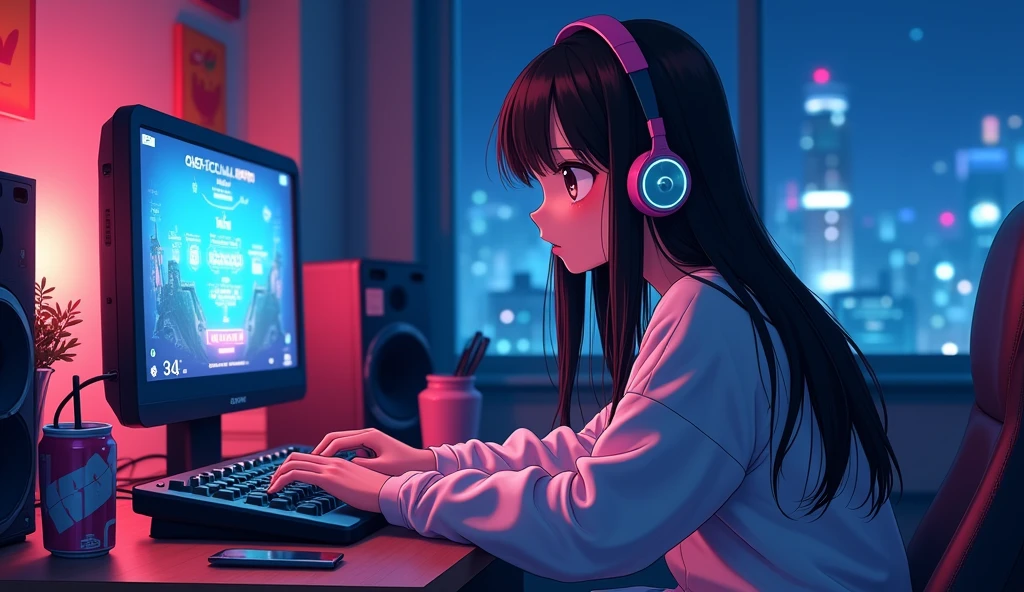 Perfect image, 8k, Sit in a gaming chair、Dimly lit room、A high school girl playing a rhythm game on a PC、cute、long hair、 Loungewear、Using headphones, 2D-style animation, Lo-Fi、night、Energy Drinks、Retro、Anime style illustrations、looks fun、City view outside the window