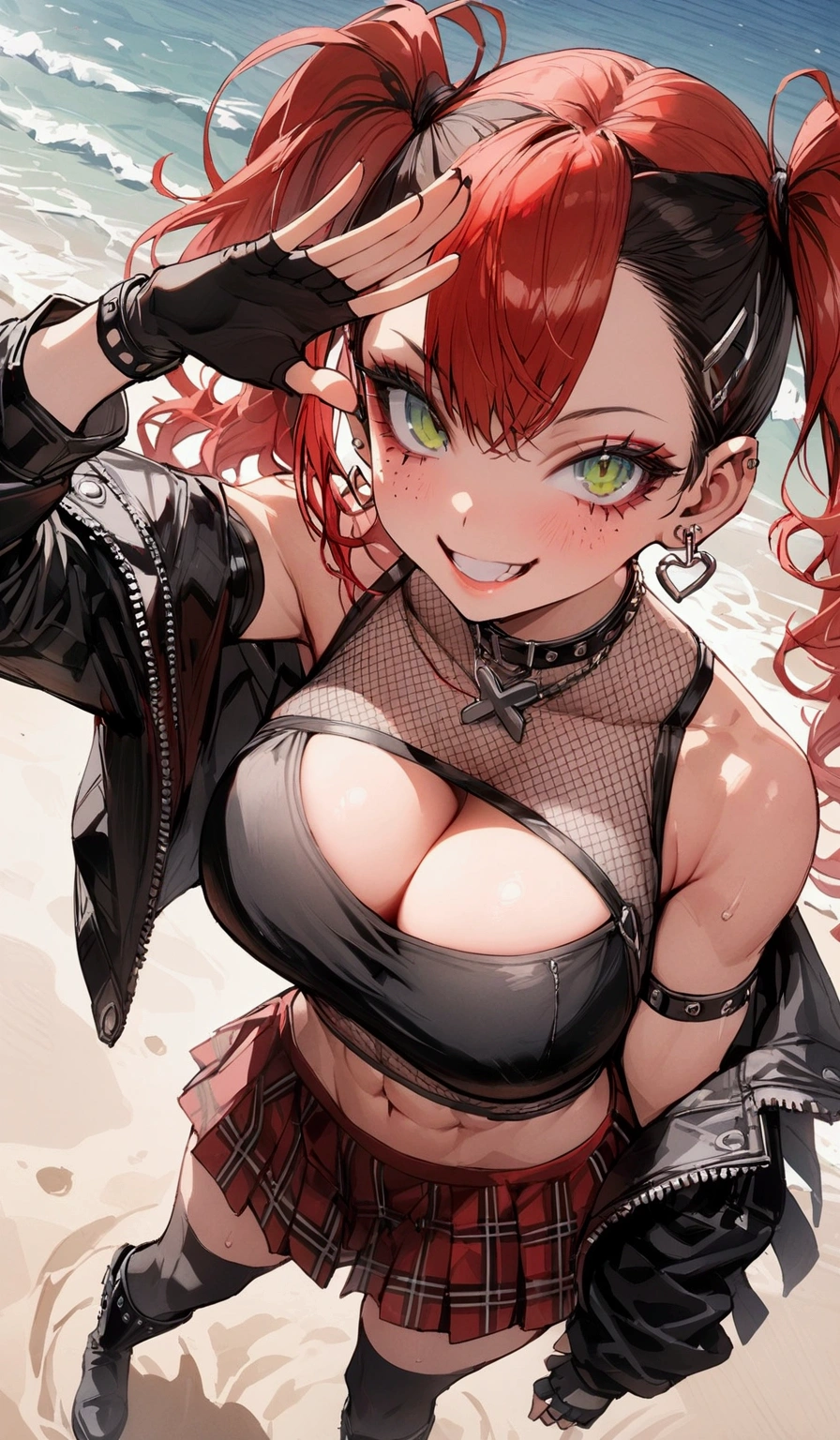 woman, grin, curly black and red hair in pig tails, green eyes, black eyeshadow, wearing crop top black shirt, black jacket, red plaid skirt, black knee high boots, black fingerless gloves, exposed shoulders, large , freckles, abs, cleavagng up at viewer, masterpiece, best quality, Holo-Punk Style, saluting, at the beach, make up, eyelashes, fish net undershirt, fish net stockings, (full body)