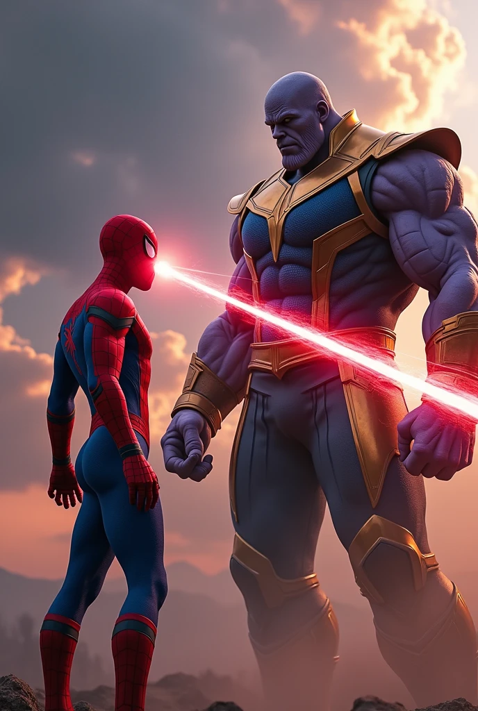 Spiderman slicing Thanos with laser rays coming out of his eyes q