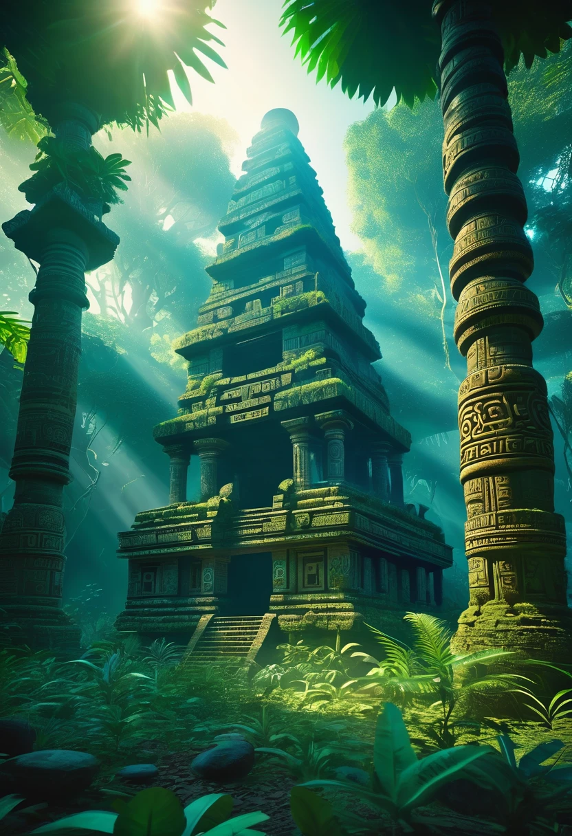 Create a rainforest with tribals wandering around an ancient ruins of a broken temple twilight in the atmosphere uv glowing cryptic tribal symbol in the forest shamans and tribals too standing along the tribe civilization blury cinematic lightings all in the forest floating photorealistic, natural lighting, ultra realistic photo, high quality, HDR, high resolution, smooth and delicate , noble and elegant, ultra-realistic photography vibe, shot with Canon camera, intricate details, award winning photography 32k --s 750 --v 6.1