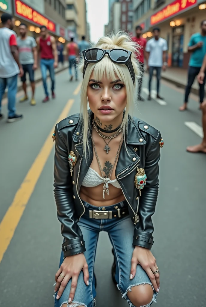 Anglosaxon old milf woman, , blonde platinum hair (beehive bun, black parsley headband), with very light green eyes, extremely pale. .Wearing oversized square black maxisunglasses Wearing studded cropped black moto jacket (verical zippers on the sides,skull badges on sleeves). Chains on lapels. Black lace push up bra, dark blue skinny, tight low rise jeans (holes in knees). Silver Chelsea boots with cuban heels. Lots of thick wide studded bracelets, chain collars and big rings. Tacky wide studded leather belt, with big skull and bones round buckle. Long earrings with chains. Squatting on a large torm, dirty usa flag, looking at the photographer. Craving heavily. Hands on knees. Waste and trash all over the floor. Her studded leather bag, thron away. Looking at the camera, chin up. Toned abdominals, thin neck, slim legs and thin arms. Neck, chest, belly, hands and arms completely tattoed. Dirt road of Nairobi after the rain, crowded with muscular shirtless men in jeans, street full of puddles and garbage. Her studded black leather bag is a few metres behind her