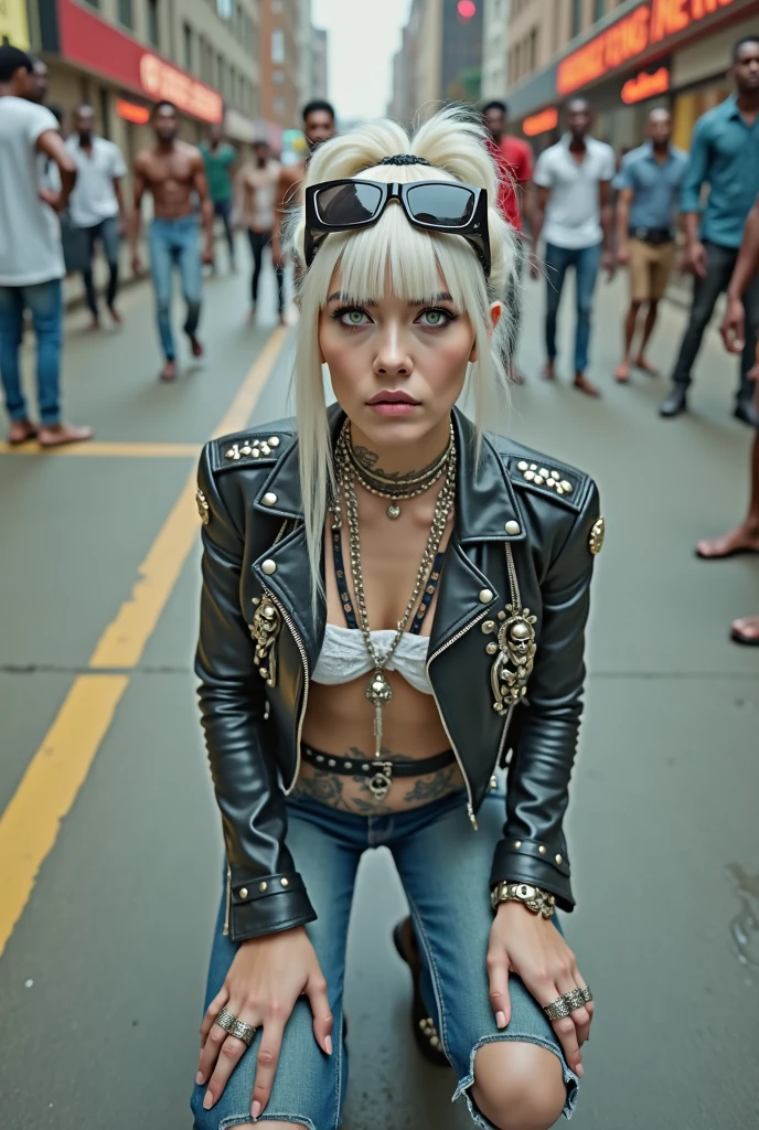 Anglosaxon old milf woman, , blonde platinum hair (beehive bun, black parsley headband), with very light green eyes, extremely pale. .Wearing oversized square black maxisunglasses Wearing studded cropped black moto jacket (verical zippers on the sides,skull badges on sleeves). Chains on lapels. Black lace push up bra, dark blue skinny, tight low rise jeans (holes in knees). Silver Chelsea boots with cuban heels. Lots of thick wide studded bracelets, chain collars and big rings. Tacky wide studded leather belt, with big skull and bones round buckle. Long earrings with chains. Squatting on a large torm, dirty usa flag, looking at the photographer. Craving heavily. Hands on knees. Waste and trash all over the floor. Her studded leather bag, thron away. Looking at the camera, chin up. Toned abdominals, thin neck, slim legs and thin arms. Neck, chest, belly, hands and arms completely tattoed. Dirt road of Nairobi after the rain, crowded with muscular shirtless men in jeans, street full of puddles and garbage. Her studded black leather bag is a few metres behind her