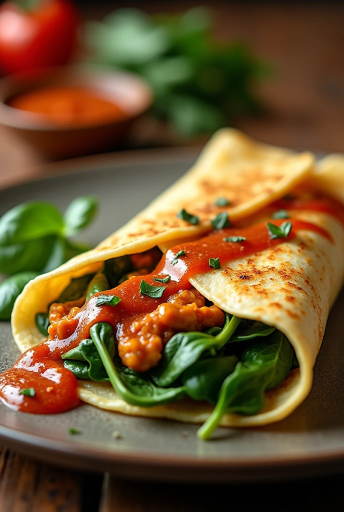 Round chicken crepe with spinach and lively chipotle chili sauce