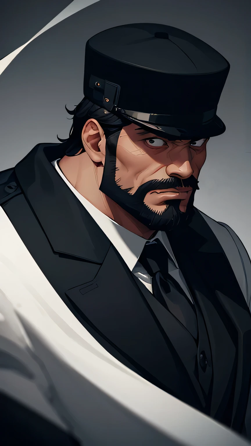man, Indonesian people, big muscular body, wearing a black and white blazer, thin beard, a criminal, black eye color, facing forward, black hair, horror, wearing a white robe, wearing a white homburg hat, psychopath, cruel, murderer, 2 meters high, super villain, Strong