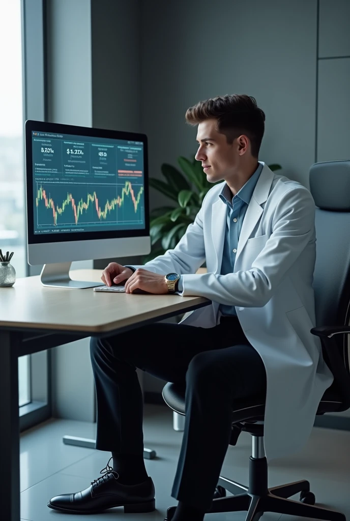 very rich young doctor looking at the stock market on computer screen. dress like a doctor