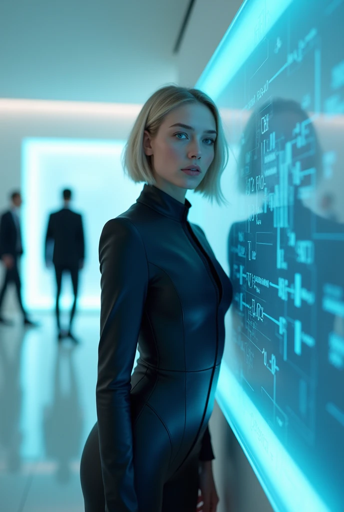 (photorealism:1.2), beautiful woman, swedish, blonde,sad, pensive, assistant, leather suit, skintight, coy,18yo, corporate lobby, white floor and ceiling, blue lighting, hologram, projection,looking at camera, short hair, glowing blue line around her face