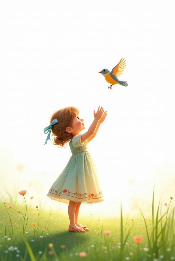 white background,best quality,cute liitle girl standing on grass,she look at the little bird,rais her hands to the little bird,cute little bird flying,cute colorful frock wearing the girl,smiling face