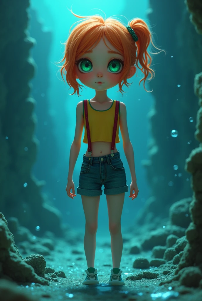 Wallpaper,masterpiece,High resolution,8K
(Misty_Pokemon)(1 18-year-old girl)
(Berry Short,Orange Hair,one side up hair,Big green eyes,Small breasts,Skinny)
(Yellow sleeveless T-shirt,Belly button exposed,Denim hot pants,Red suspenders,sneakers)
I can feel the spirit in my eyes. ((Amazingly absurd)), Attention to detail, high quality, A sunken ruin、Girl in the water、Surrounded by bubbles、A world of deep blue、Overall, a work in deep blue tones