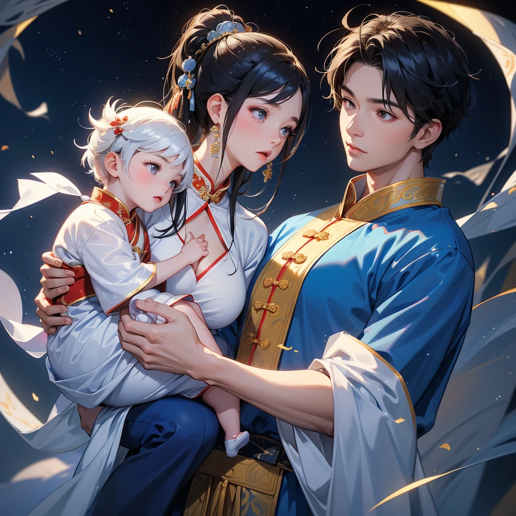 A one-year-old baby boy in an ancient Chinese baby costume with his beautiful mother, dressed in an white ancient Chinese costume, playing with each other, with his handsome father standing next to his mother, close up.
Background is a dark night, with moonlight and millions of stars, twinkling everywhere, with blue light.