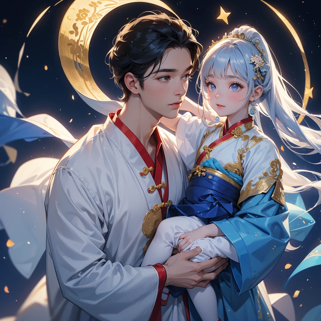 A one-year-old baby boy in an ancient Chinese baby costume with his beautiful mother, dressed in an white ancient Chinese costume, playing with each other, with his handsome father standing next to his mother, close up.
Background is a dark night, with moonlight and millions of stars, twinkling everywhere, with blue light.