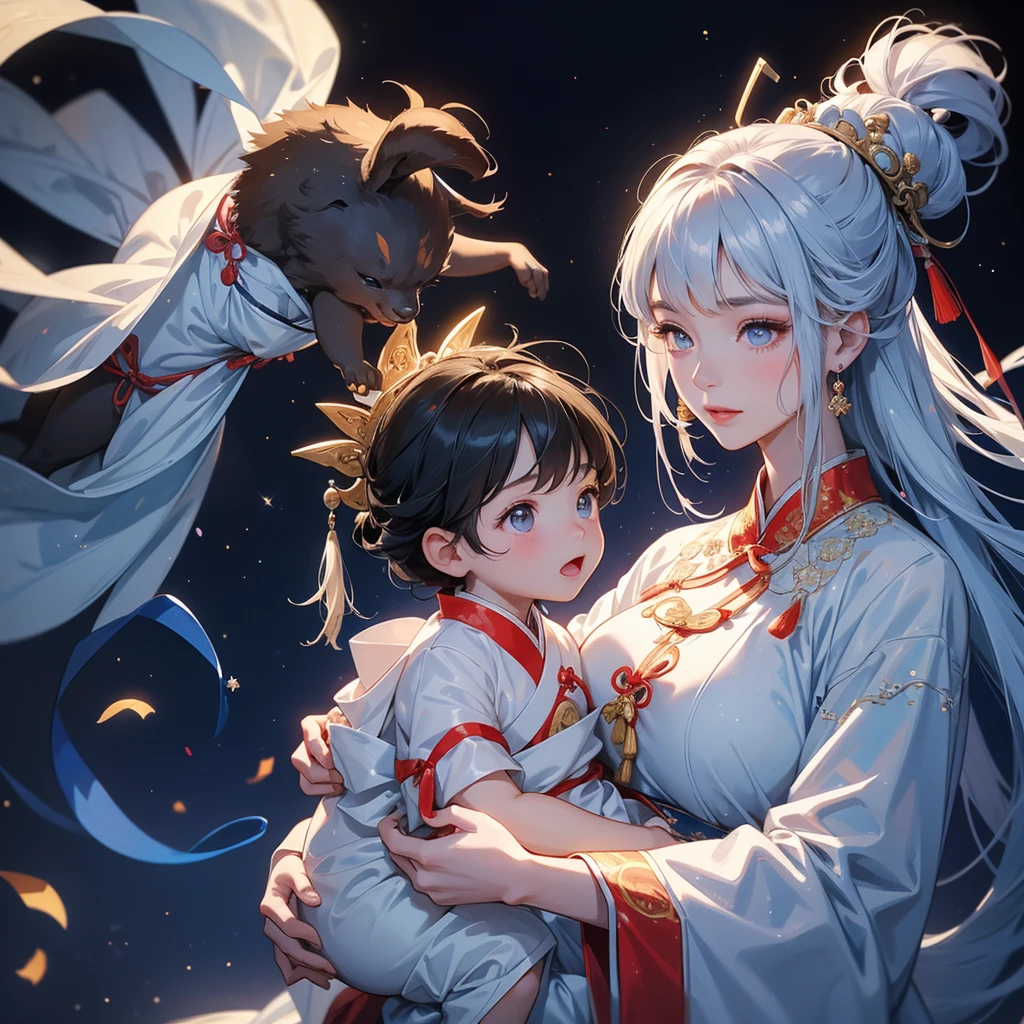 A one-year-old baby boy in an ancient Chinese baby costume with his beautiful mother, dressed in an white ancient Chinese costume, playing with each other, with his handsome father standing next to his mother, close up.
Background is a dark moonless night, with dry trees in the background, and purple glowing light