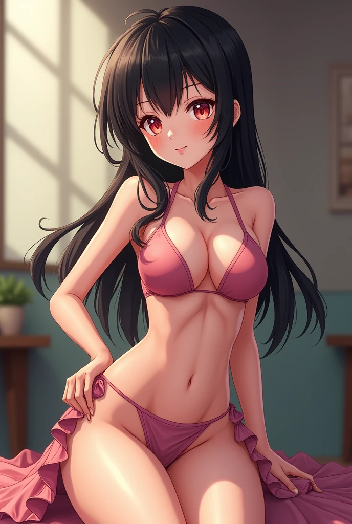 One Girl, Slight bulge in the crotch, , Young girl, mesugaki, Mesugaki Smiles, boyish, Black Hair, bikini, Long ruffled skirt, chest, Big Ass, Thick thighs, teasing, Naughty Looks, Heart Eyes, Lower Arm, Girl puts her hand on her crotch, Neat, focus on, Glowing Skin, Oily skin, gravure, pin up, Junior idol, Image Video, masterpiece:2, 最high quality, high quality, Very detailed, Ultra-high resolution, Ultra-high resolution, Beautiful details, Dynamic Angle, Perfect lighting, 8k, Animation Style, Manga Style, Game CG, software