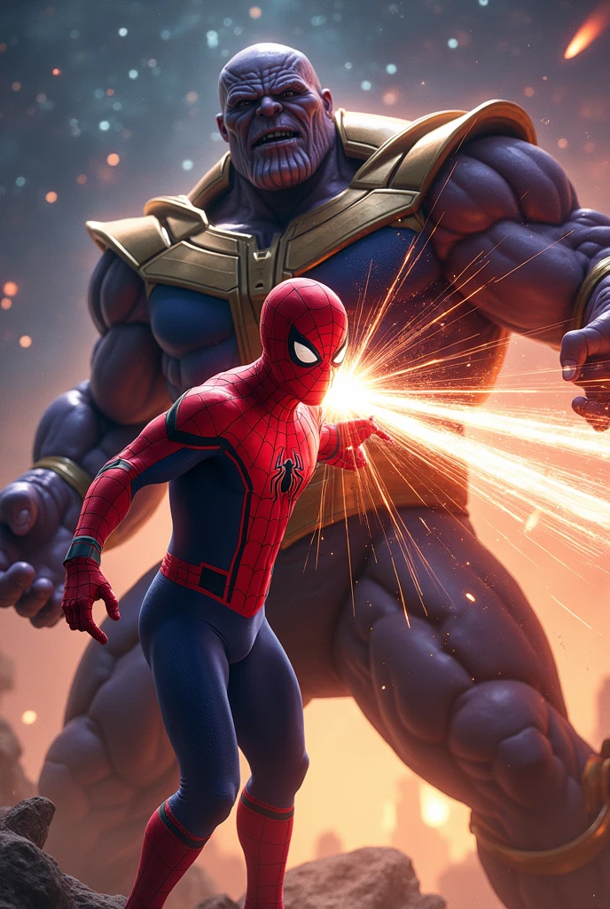 
Spiderman slicing Thanos with laser rays coming out of his eyes 