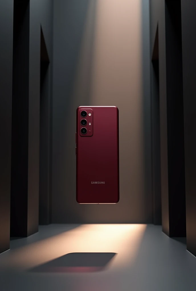 Real Samsung s24 maroon color phone with back side 3 dot camera only hang in air in simple black hall with some sun shine 3d model