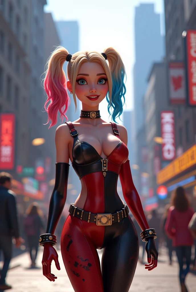 Harley quinn in sexy revealing harley quinn costume, in a new work street. disney pixar 3d