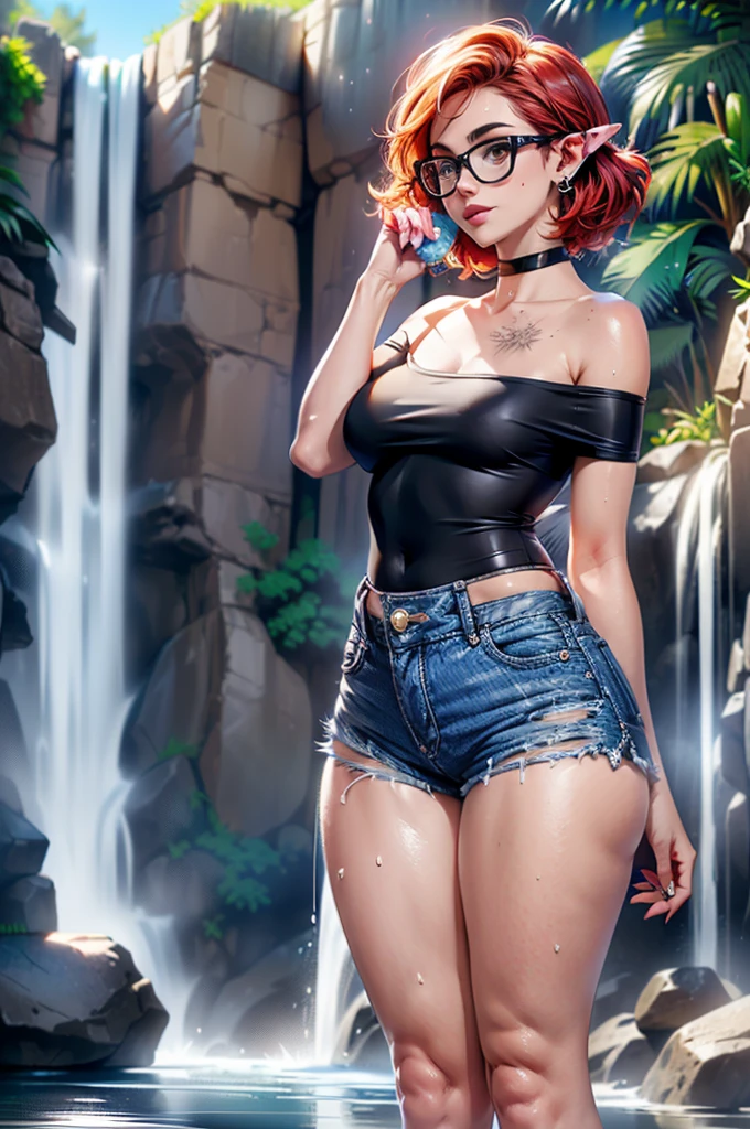 (large breasts 1.4), beautiful elf woman, ((Short Red Hair: 1.6, straight with shine)), bright blue eyes, bright eyes, double eyelids, light effect on eyes, detailed irises, sexy, curvy body, glasses,(( off the shoulder black tee shirt no logo or words: 1.6, choker, tiny denim shorts, black high heels, legs exposed,)) ((micro denim shorts, edgy sexy, Beautiful and cool, shorts)), ((Wet Clothes)) ((work of art, hyper-realistic, hyper detailed, Best quality, 16k, light and shadow on skin, vivid colors), eyeliner, Thin eyebrows, Sensual expression, perfect lips, sexy mature face, ((skin with light and shadow) flirting seductively with the viewer, lots of freckles, full lips, extreme blush, smile, ((standing under a waterfall, washing hair)), daytime, noon, rays of light, masterpiece, ((Hands washing hair: 1.6, biting lower lip)) ((View from side)),