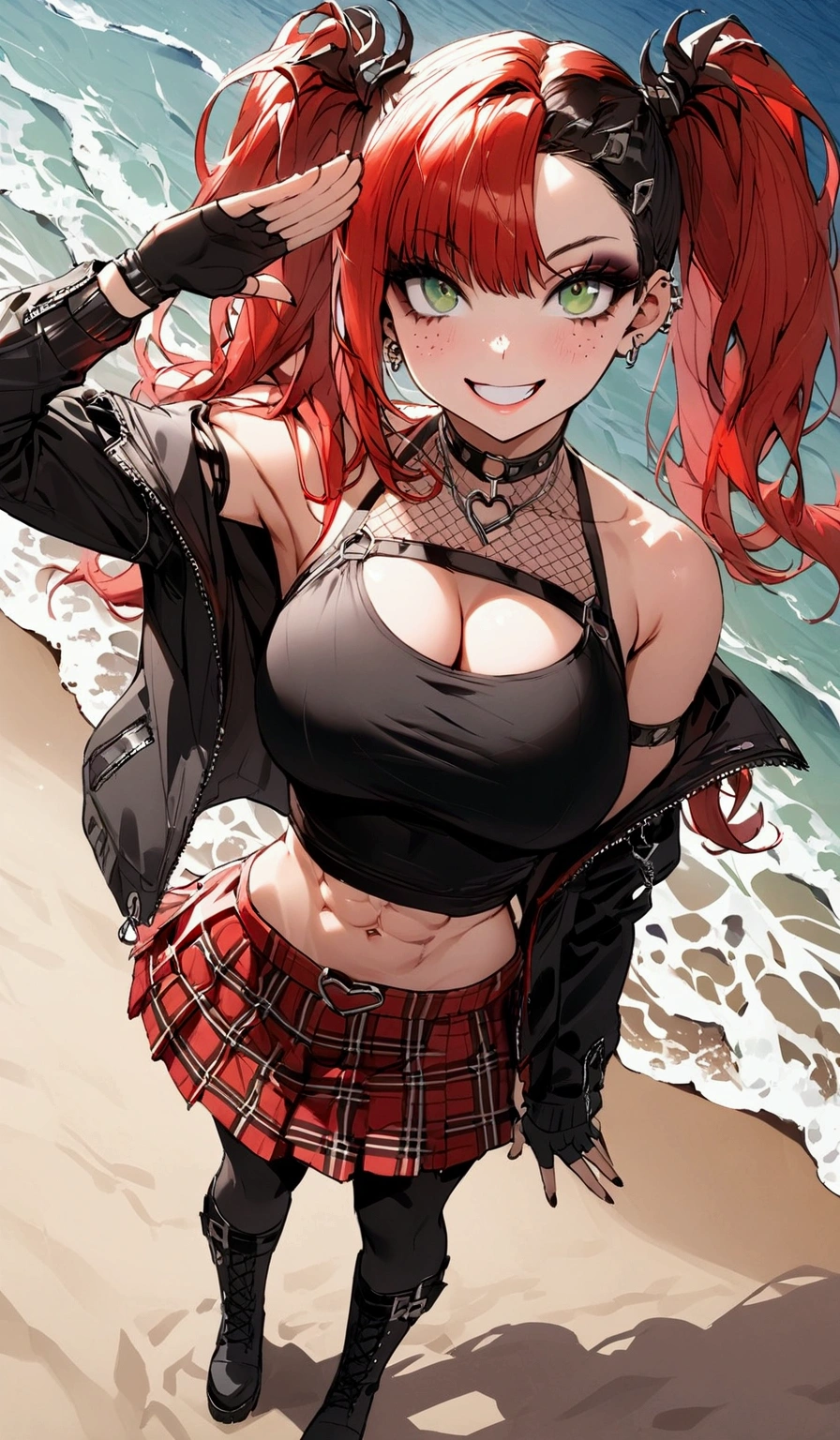 woman, grin, curly red hair in pig tails, green eyes, black eyeshadow, wearing crop top black shirt, black jacket, red plaid skirt, black knee high boots, black fingerless gloves, exposed shoulders, large breasts, freckles, abs, cleavage, looking up at viewer, masterpiece, best quality, Holo-Punk Style, saluting, at the beach, make up, eyelashes, fish net undershirt, fish net stockings, (full body)