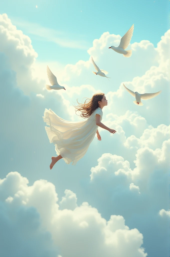A girl flying in the sky.the sky has white clouds.some birds are flying with the girl