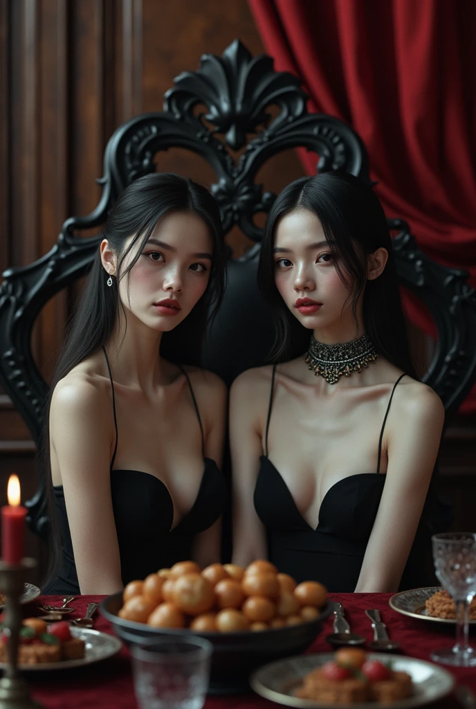 (photorealism:1.3), Masterpiece, displaying two girls standing small thin naked nude gothic (18 year old) in just a fancy choker, behind her a dark wood and red velvet chair, Gothic banquet on table to left