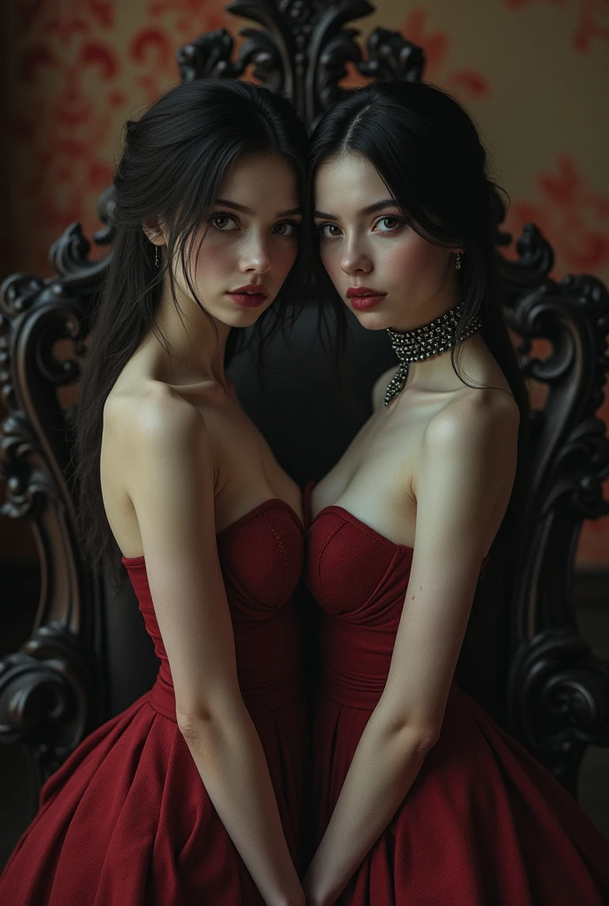 (photorealism:1.3), Masterpiece, displaying two girls standing small thin naked nude gothic (18 year old) in just a fancy choker, behind her a dark wood and red velvet chair, Gothic banquet on table to left