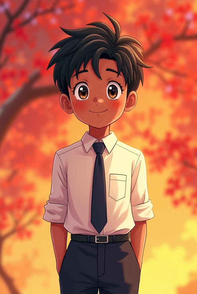 Happy shy anime boy ,dark skin colour, wearing formal shirt and pants and tie, background colour was Red and yellow mixed.