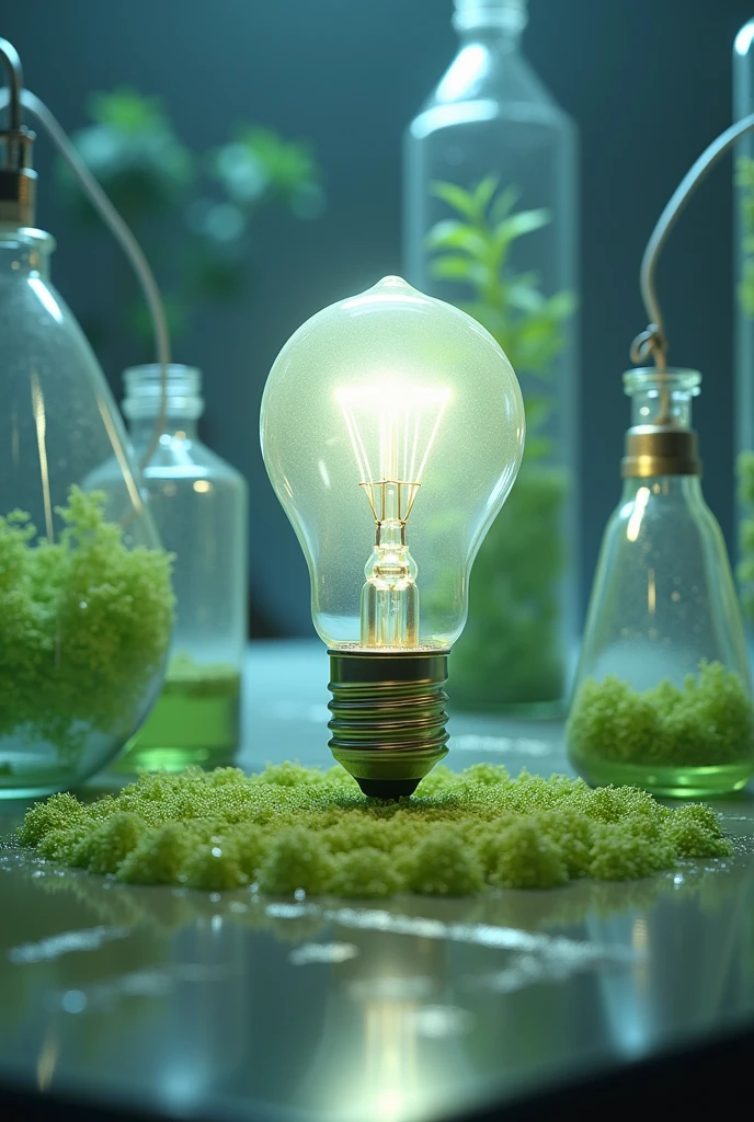 create an image of a model for this experiment research topic “The Efficacy of Algae’s Photosynthetic Ability to Produce Electricity by an Examination of Bioconversion Efficiency” use small light bulb as an example, it should included wirings, containers and algae species. it should really look like experiment
