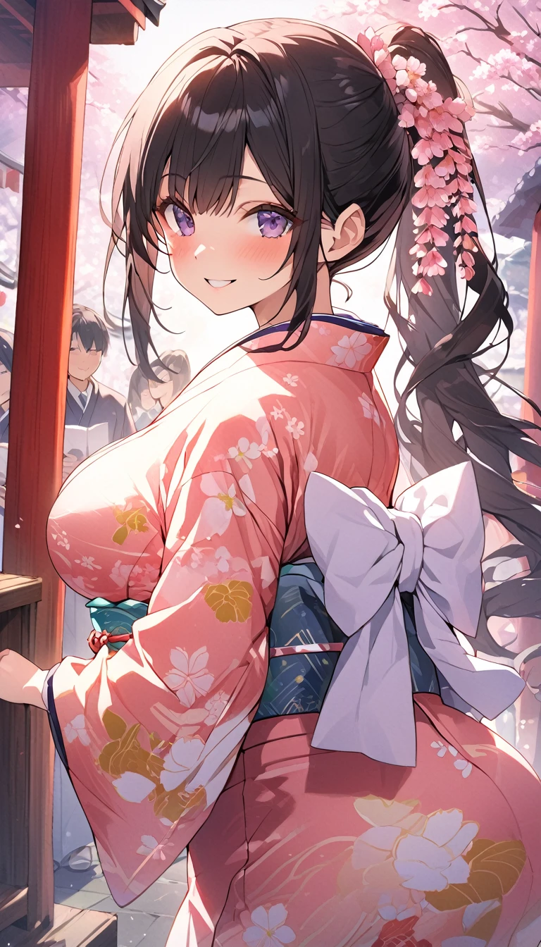 One Woman、beautiful girl、night、nightcherry blossoms、kimono、Beautiful patterned kimono、ponytail、Waraji、School、Back of the school building、spring、cherry blossoms々、はためくcherry blossomsの花びら、Long Hair、Highest quality、Ultra HD、Black Hair、smile、8 heads、White tabi socks、Japanese Umbrella、smile、Cowboy Shot、festival、Many food stalls、Beautiful views、Turn your body forward、Accentuate your breasts、Entire body facing forward、Send a love letter to the audience