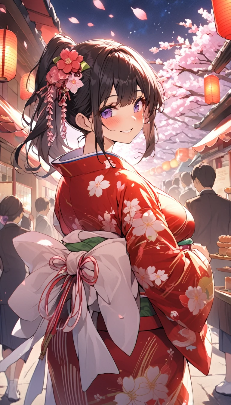 One Woman、beautiful girl、night、nightcherry blossoms、kimono、Beautiful patterned kimono、ponytail、Waraji、School、Back of the school building、spring、cherry blossoms々、はためくcherry blossomsの花びら、Long Hair、Highest quality、Ultra HD、Black Hair、smile、8 heads、White tabi socks、Japanese Umbrella、smile、Cowboy Shot、festival、Many food stalls、Beautiful views、Turn your body forward、Accentuate your breasts、Entire body facing forward、Send a love letter to the audience