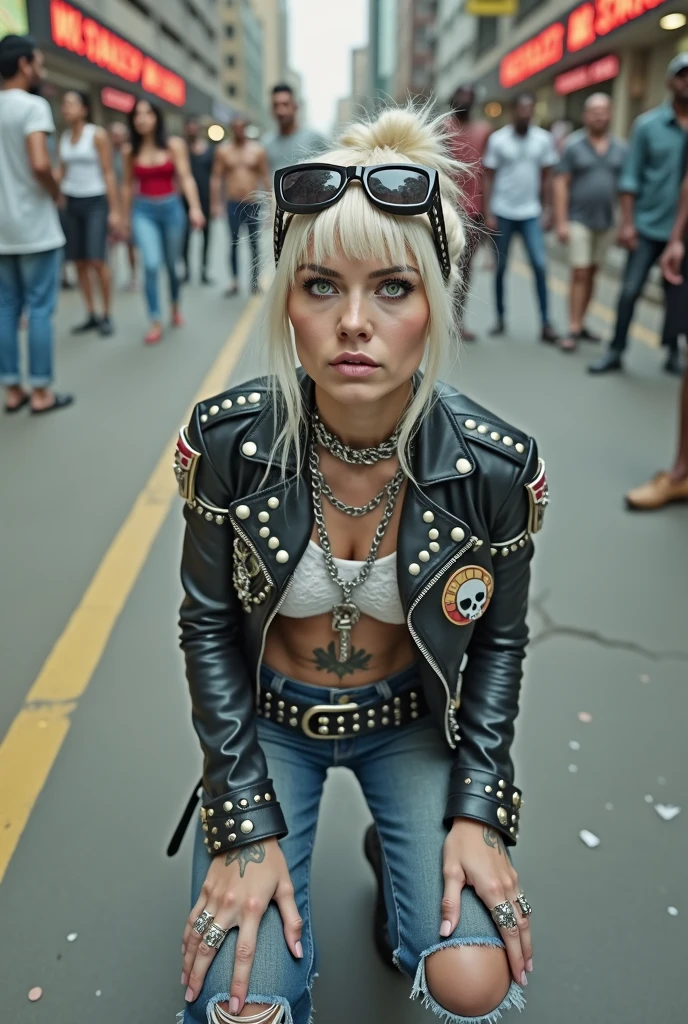 Anglosaxon old milf woman, , blonde platinum hair (beehive bun, black parsley headband), with very light green eyes, extremely pale.  .Wearing oversized square black maxisunglasses Wearing studded cropped black moto jacket (verical zippers on the sides,skull badges on sleeves). Chains on lapels. Black lace push up bra, dark blue skinny, tight low rise jeans (holes in knees). Silver Chelsea boots with cuban heels. Lots of thick wide studded  bracelets, chain collars and big rings. Tacky wide studded leather belt, with big skull and bones round buckle. Long earrings with chains. Squatting on a large torm, dirty  usa flag, looking at the photographer. Craving heavily. Hands on knees. Waste and trash all over the floor. Her studded leather bag, thron away. Looking at the camera, chin up. Toned abdominals, thin neck, slim legs and thin arms. Neck, chest, belly, hands and arms completely tattoed. Dirt road of Nairobi after the rain,  crowded with muscular shirtless men in jeans, street full of puddles and garbage. Her studded black leather bag is a few metres behind her