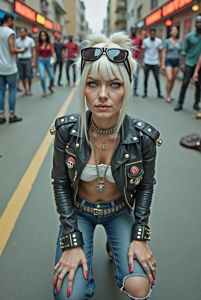 Anglosaxon old milf woman, , blonde platinum hair (beehive bun, black parsley headband), with very light green eyes, extremely pale. .Wearing oversized square black maxisunglasses Wearing studded cropped black moto jacket (verical zippers on the sides,skull badges on sleeves). Chains on lapels. Black lace push up bra, dark blue skinny, tight low rise jeans (holes in knees). Silver Chelsea boots with cuban heels. Lots of thick wide studded bracelets, chain collars and big rings. Tacky wide studded leather belt, with big skull and bones round buckle. Long earrings with chains. Squatting on a large torm, dirty usa flag, looking at the photographer. Craving heavily. Hands on knees. Waste and trash all over the floor. Her studded leather bag, thron away. Looking at the camera, chin up. Toned abdominals, thin neck, slim legs and thin arms. Neck, chest, belly, hands and arms completely tattoed. Dirt road of Nairobi after the rain, crowded with muscular shirtless men in jeans, street full of puddles and garbage. Her studded black leather bag is a few metres behind her
