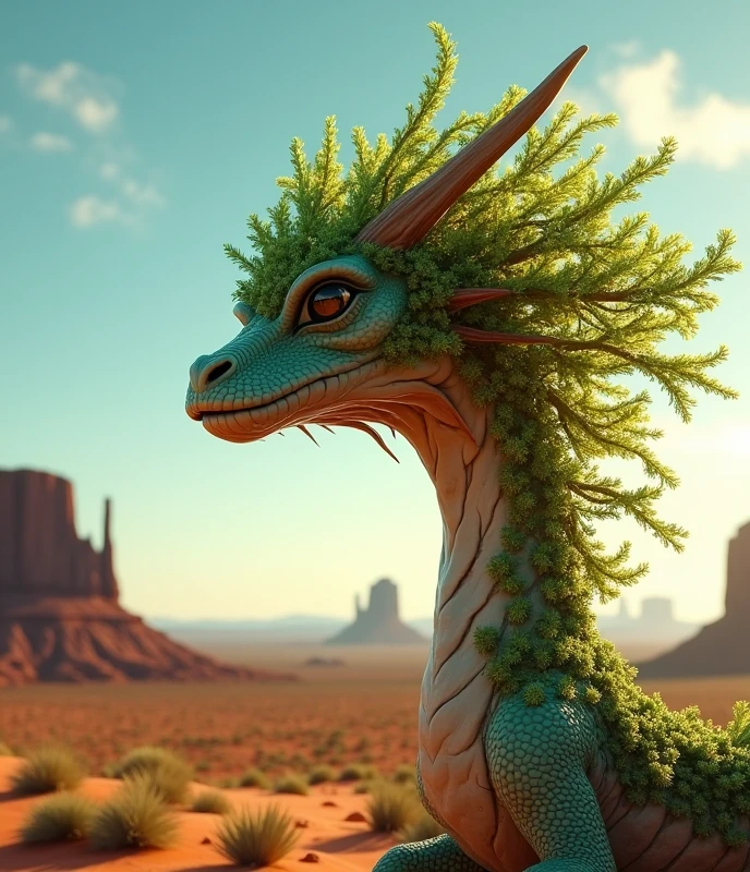 Visualize a surreal desert illuminated by the golden hour's glow. At the center is a Dreamy dragon with a photorealistic face resembling an actual human. Starting from her detailed eyes, nose, and chin, the rest of her head transitions into a tree that both shapes and fills the structure of the head. This tree, densely packed with green leaves, has a semi-transparent quality akin to glass, with gaps between its branches offering glimpses of the sky behind. The desert beneath is speckled with tufts of grass, while iconic red rock formations stand tall in the distance against a vivid blue sky.