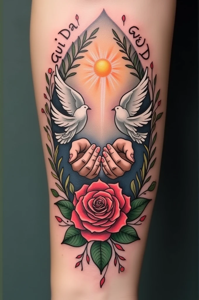 A tattoo on the arm of 2 doves, some hands, a rose and the phrase Guided by God