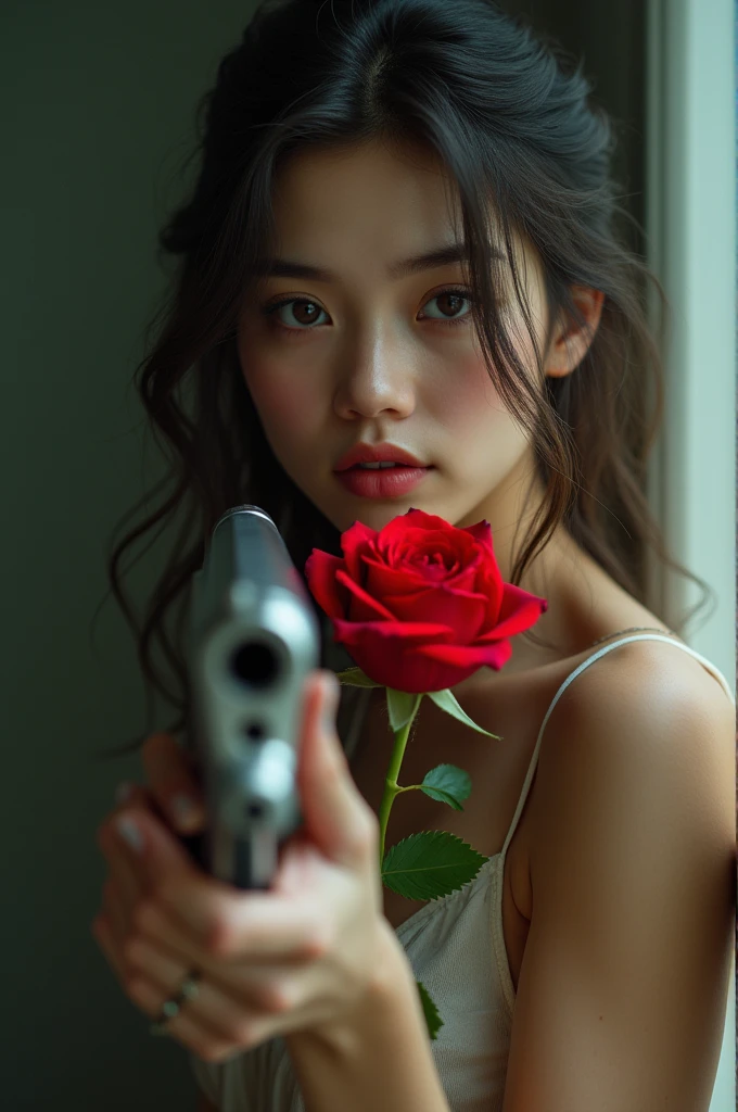 Beautiful girl play with rose and gun